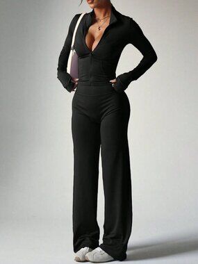 Black Casual Women's Long Sleeve Top + Loose Wide Leg Pants Yoga Outfit Sports
